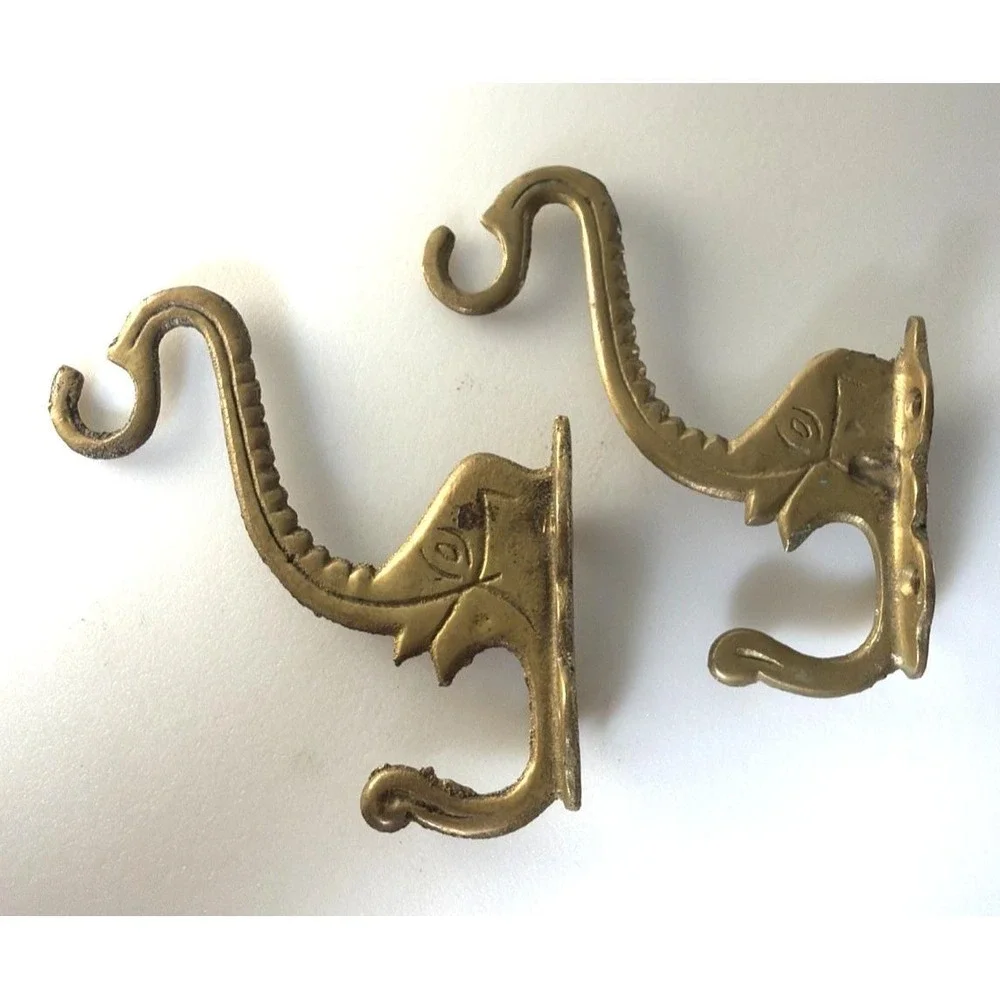 2 Vtg Solid Brass Elephant Head Double Wall Hooks Planter Coat Hangers Trunks Up